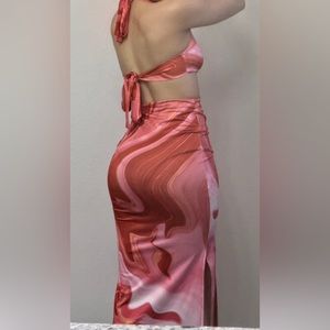 SHEIN PARTHEA TIE BACKLESS SPLIT THIGH MARBLE PRINT BODYCON DRESS